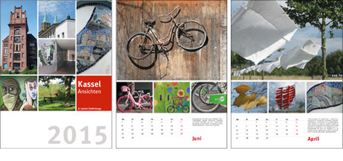 Kassel-Kalender Titelbild und Monate mit Fahrrad und Windausstellung