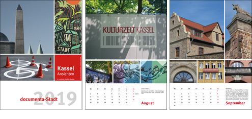 Kassel Kalender 2019, Titelmotiv mit Obelisk, Fahrradstraße und Wandbild und zwei weitere Monatsblätter (zB. mit Kulturzeltmotiv).